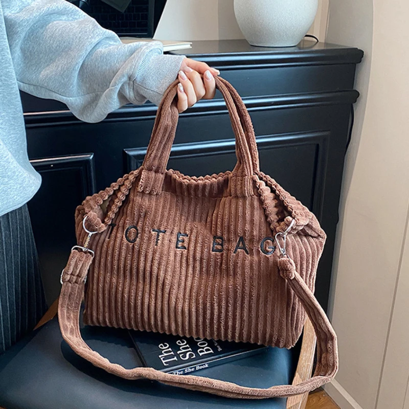 

Fashionable Corduroy Texture Versatile Tote Bags for Women Large Capacity Shoulder Bags with Letter Print Trendy Storage Bags