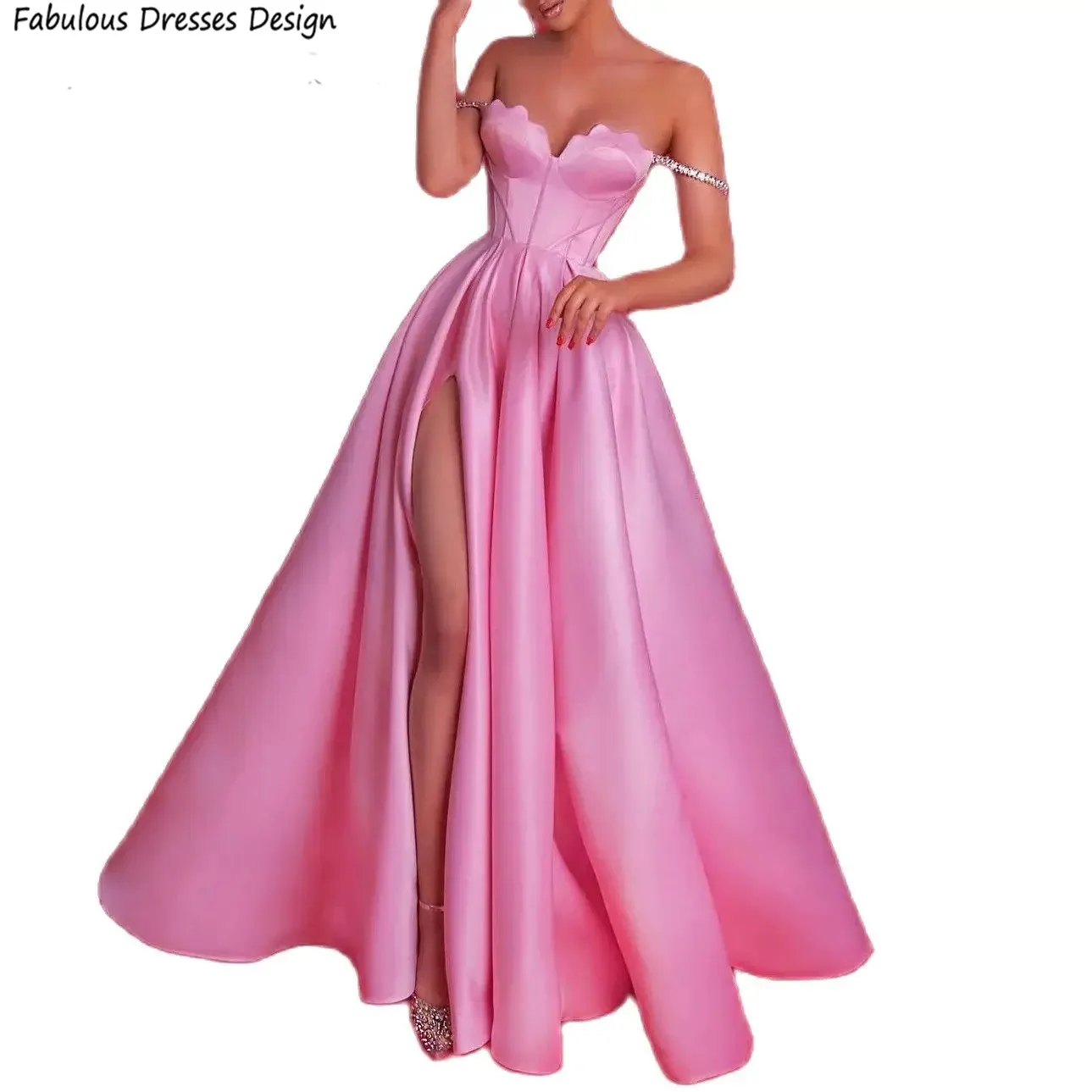 Sexy High Slit A Line Prom Dresses Pink Satin Backless Fashion Women Evening Dress Custom Made Wedding Guest Gown