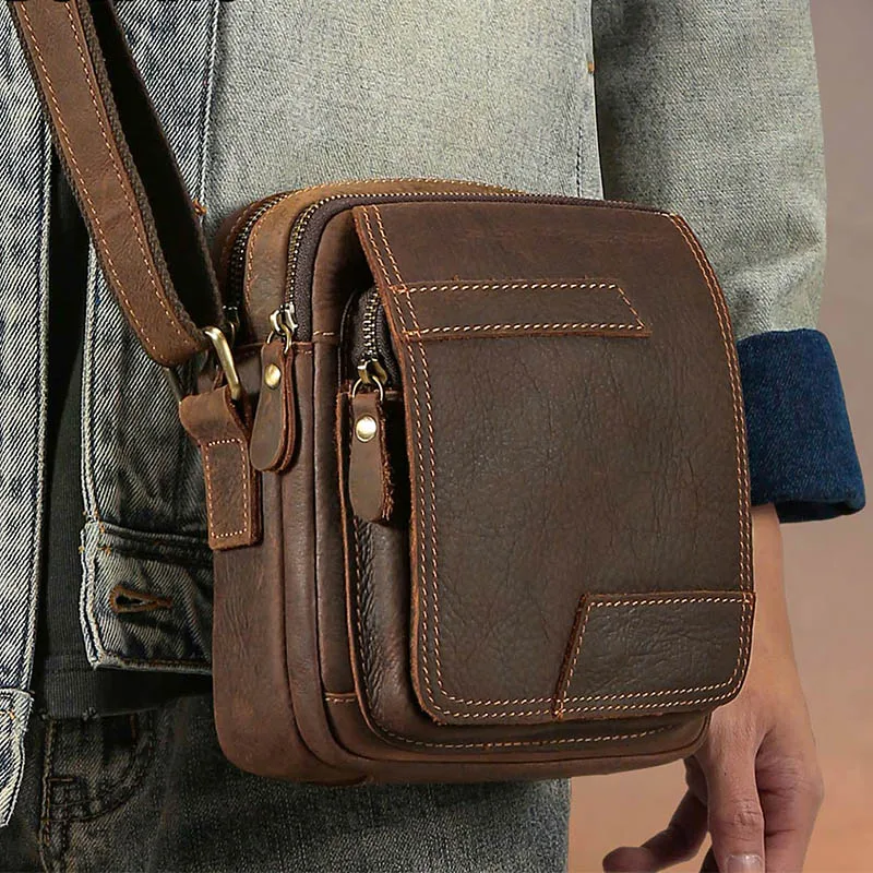 Men Vintage Genuine Leather Crossbody Messenger Bag Multi Zipper Pockets Small Shoulder Bags Magnetic Snap Casual Cowhide Purse