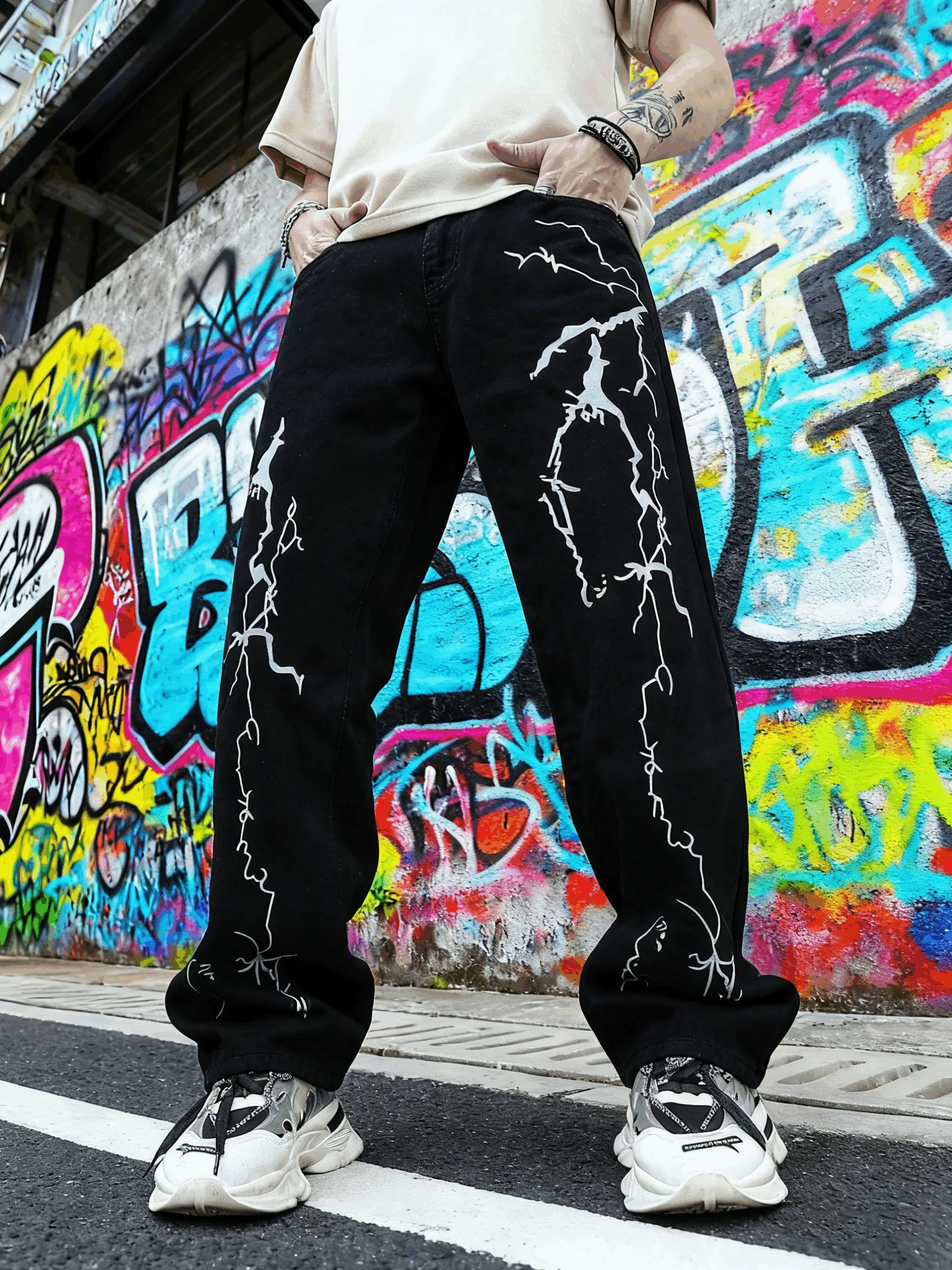 

Винтажные мужские мешковатые свободные джинсовые джинсы для мужчин с рваными молниями и граффити, прямые брюки в стиле хип-хоп, модные повседневные брюки