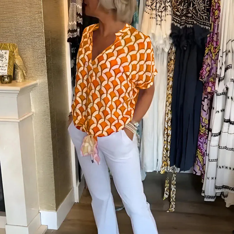 Vintage nadruk geometryczny sznurowana bluzka z krótkim rękawem dekolt w serek damskie topy swetry wiosna lato elegancka koszula Streetwear