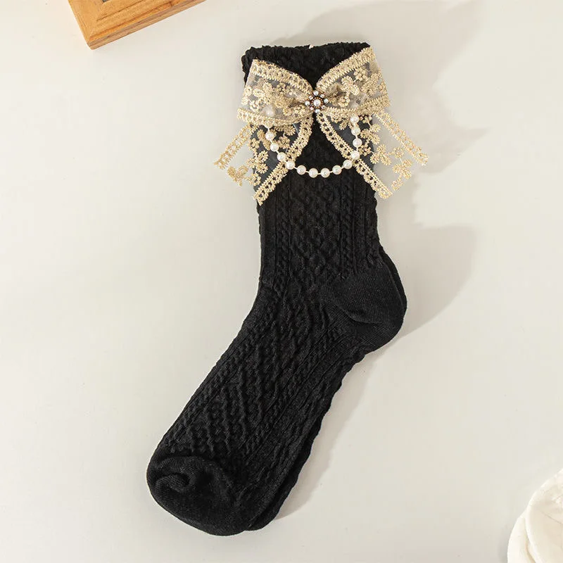 spring winter lolita stocking white black bow lace y2k socks for ladies young girl stock