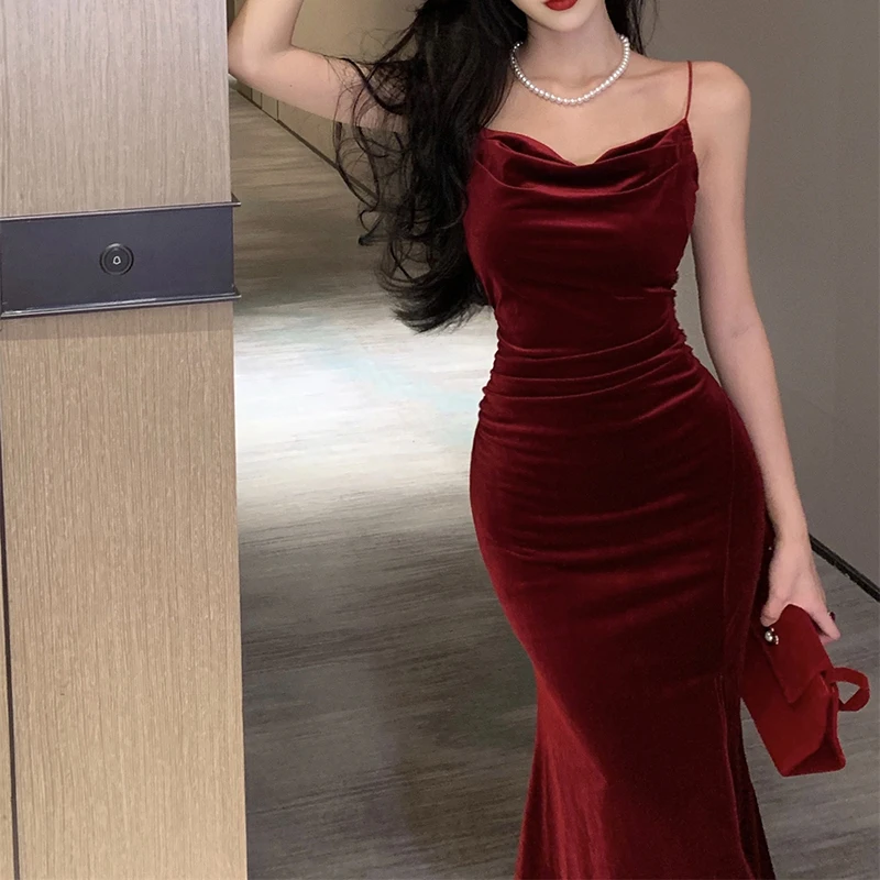 Vintage Sexy Club Prom Red Dresses for Women Spaghetti Strap Slit Velvet Dress Beach Bandage Bodycon Midi Dress Party Elegant