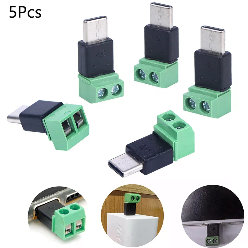 5-Pack, Type-C Male to 2Pin 5V Fast Charging Adapters, Solder-Free, Seamless Connection for Smartphones, Computers, Tablets