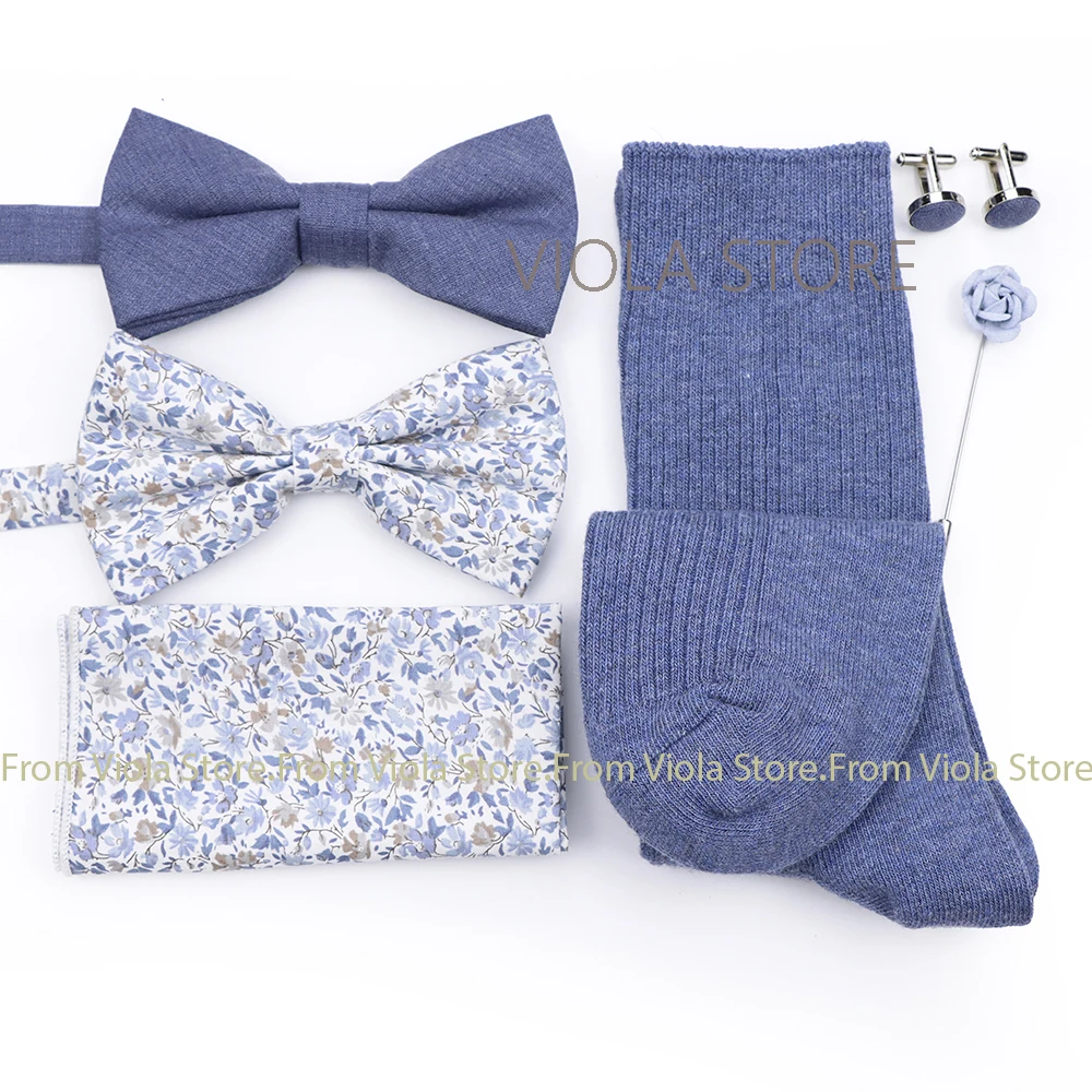 

Exclusive New Designs Solid Cotton Sock Bowtie Sets Clip Cufflinks Pin Hanky Men Wedding Party Daily Casual Gift Knot Accessory