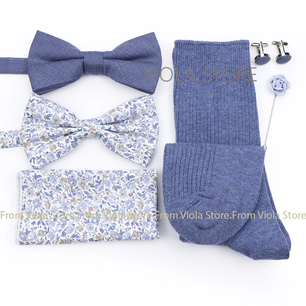 Exclusive New Designs Solid Cotton Sock Bowtie Sets Clip Cufflinks Pin Hanky Men Wedding Party Daily Casual Gift Knot Accessory