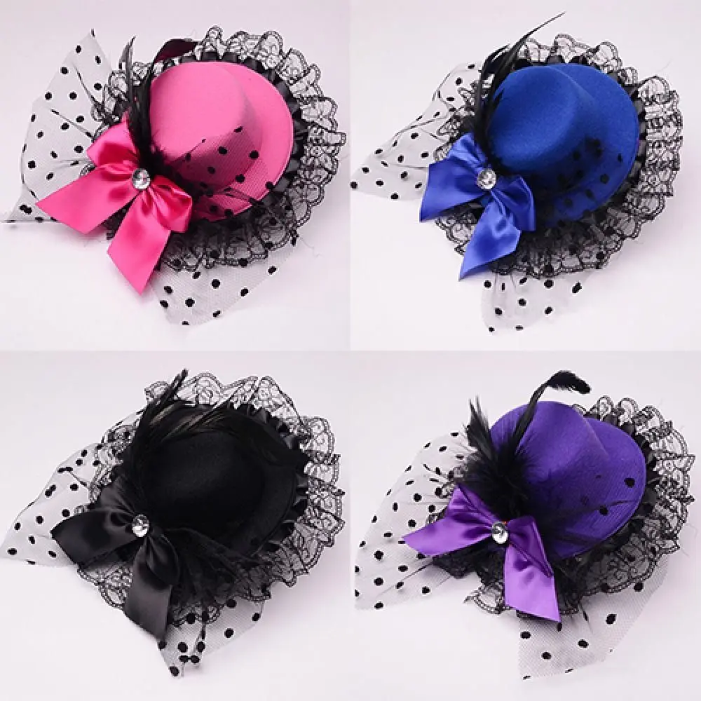 Gothic Bowknot Decor Mini Top Hat Lace Design Feather Decoration Headdress Flower Veils Flower Exquisite Costume Hair Accessory