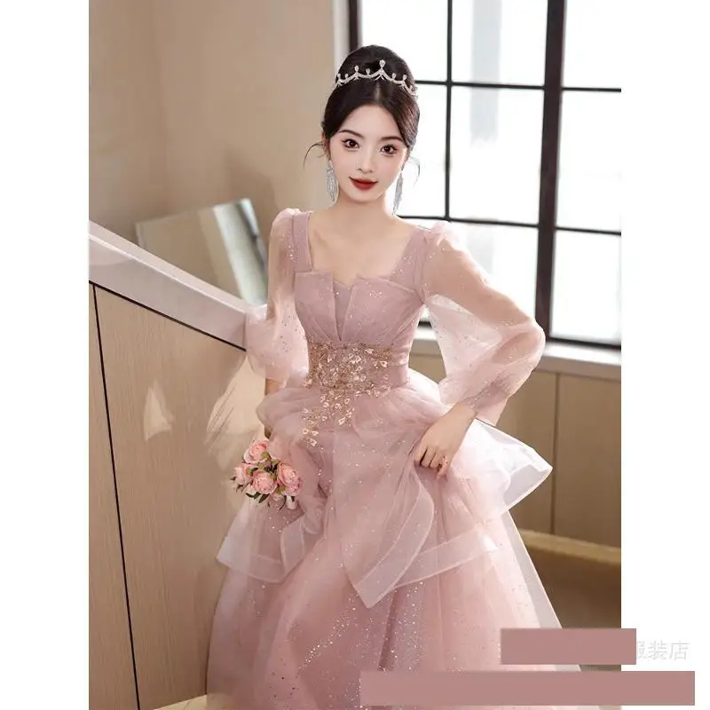 Pink Long Sleeved Evening Gown With Banquet Atmosphere Engagement Light Luxury Starry Sky High-end Feeling Host Gown Customized