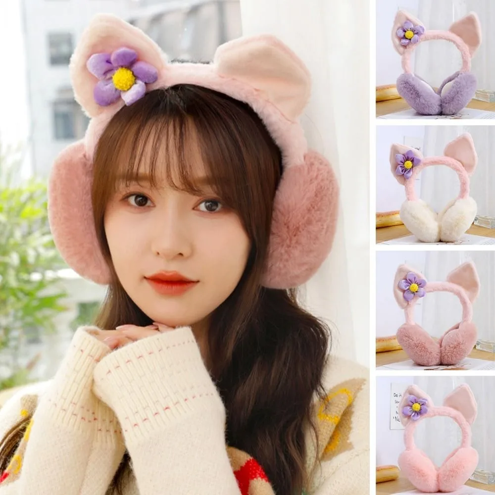 Cute Cartoon Cat Rabbit Ear Warm Earmuffs Plush Rabbit Ear Folding Earflap Cold Protection Soft Windproof Ear Cap Women
