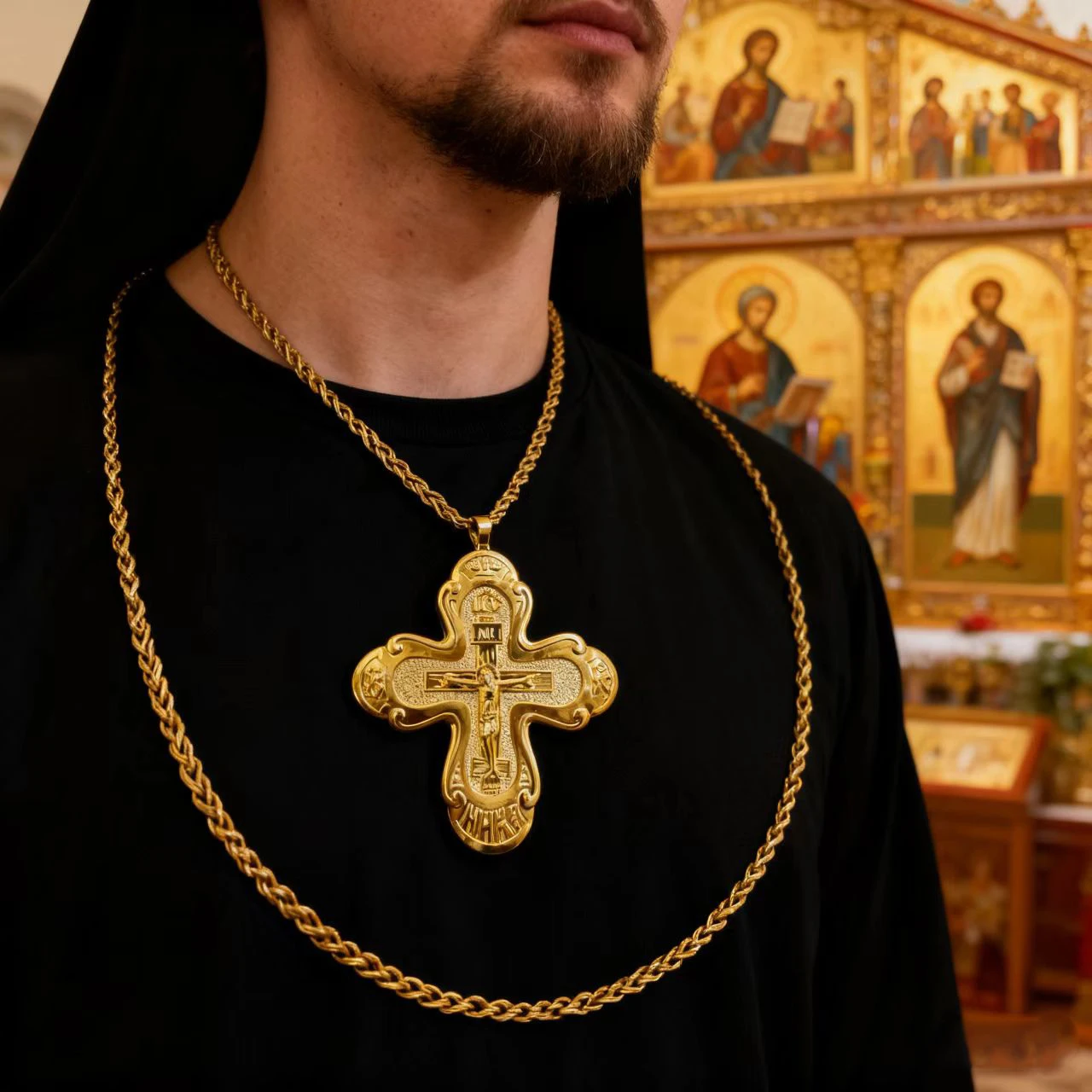 Neues 2026 Orthodoxes Brustkreuz Orthodoxe Jesus-Halskette Katholisches Kruzifix Brustkreuz Goldanhänger Kreuzkette Religiöser Schmuck – Detail 4