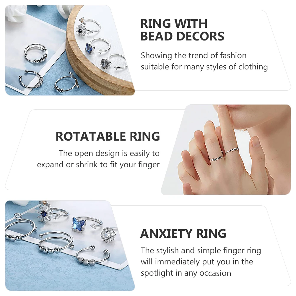 

6pcs Rotating Ring Set Adjustable Fidget Rings for Women Kids Calming Stress Anxiety Relief with Copper Zircon Gemstones Stylish