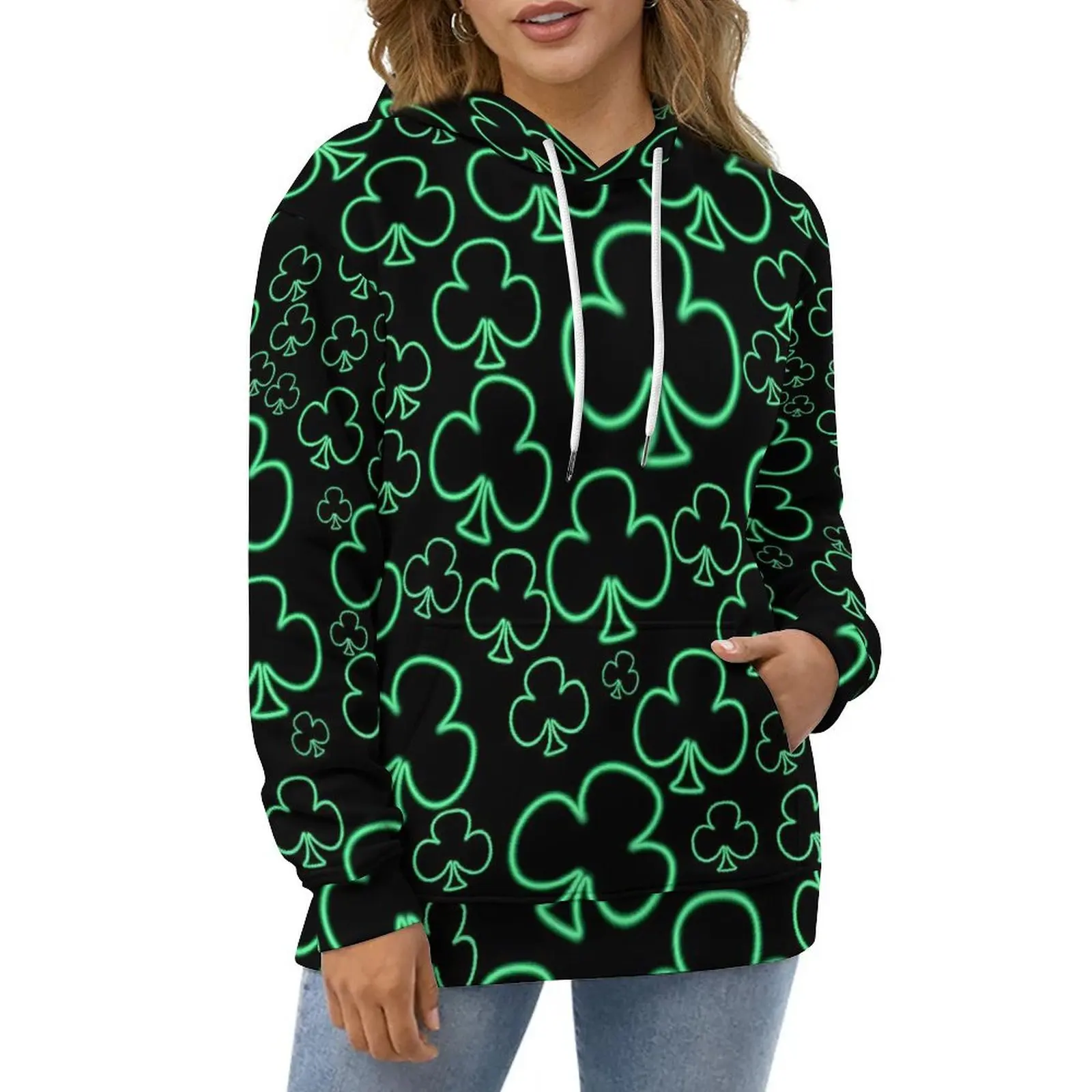 

Neon Shamrock Hoodies Fun Cool Leaf Print Streetwear Oversized Pullover Hoodie Female Long Sleeve Y2k Printed Casual Sweatshirts