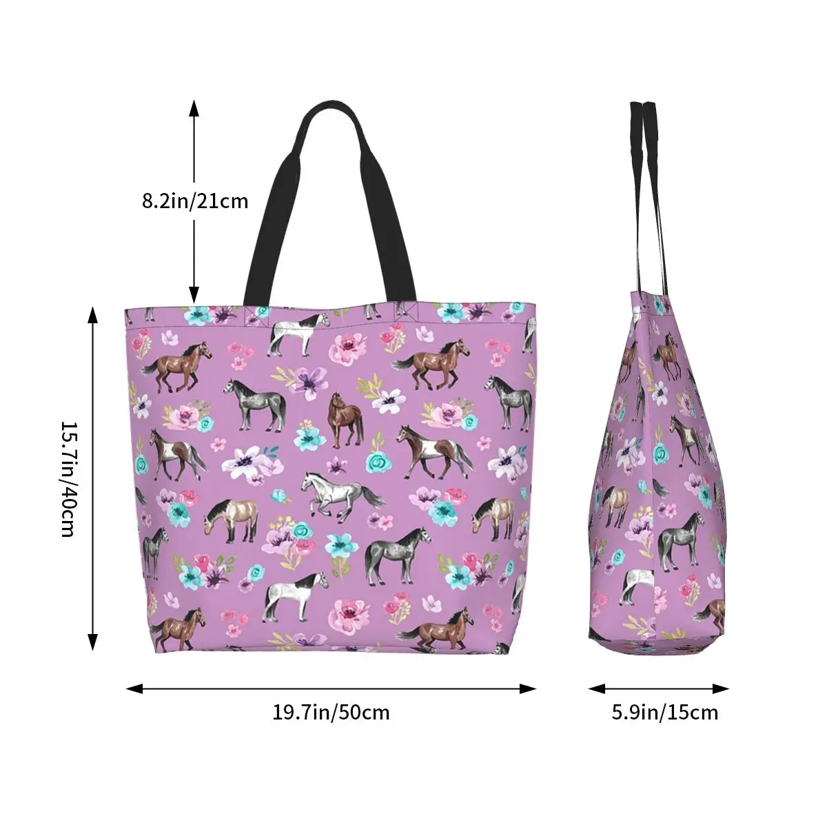 Horses And Flowers Print, Horse Decor, Light Purple, Pony, Floral Shopping Tote Bag Canvas Shoulder Bags Shopper Grocery Handbag