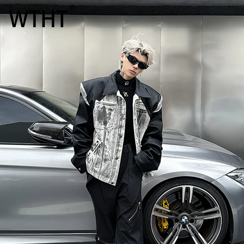 

WTHT Vintage Men's Spliced Leather Graffiti Shoulder Pad Denim Coats Fashion High Street Loose Jackets Male 2026 Spring 2A2774