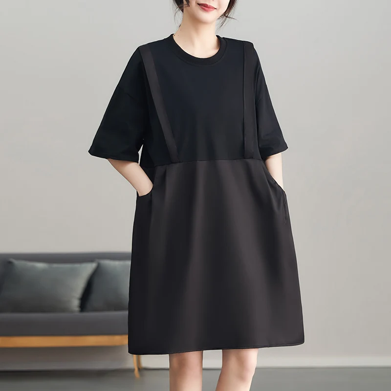 T-shirt coréen décontracté pour femmes, mi-long, épissé, ample, Bla Dr Faionable, aspect deux pièces, coupe droite, été...