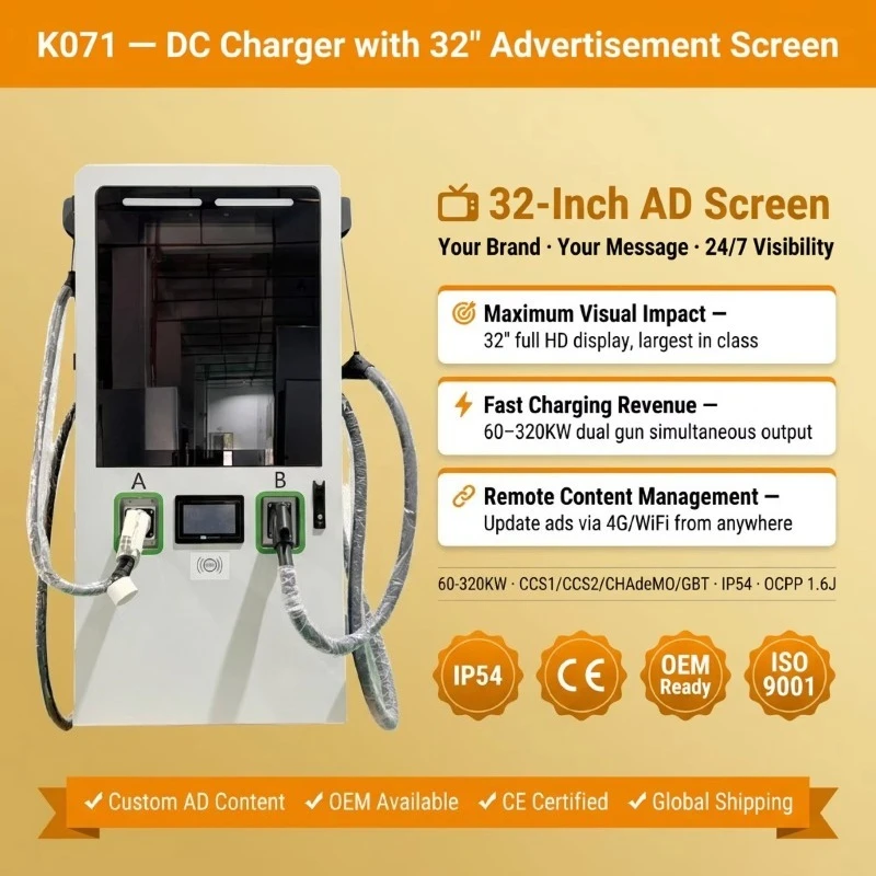 Customized 60KW 120KW 320KW DC EV Supercharger 32 Inch AD Double Front CCS1 CCS2 CHADEMO GBT OCPP 1.6J 4G RFID IP54 Outdoor Char