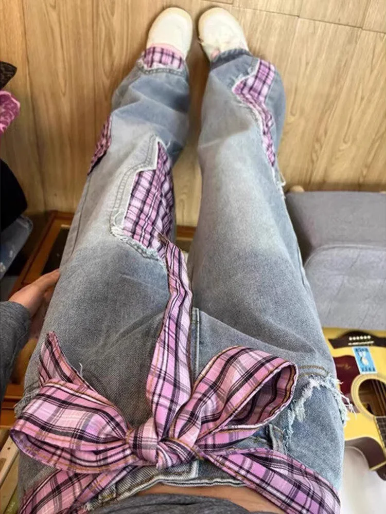 

American Retro Pink Bowtie Jeans Men's Straight Leg Pants Spring Season Patchwork Design Casual Loose Fit Classic Blue Jeans