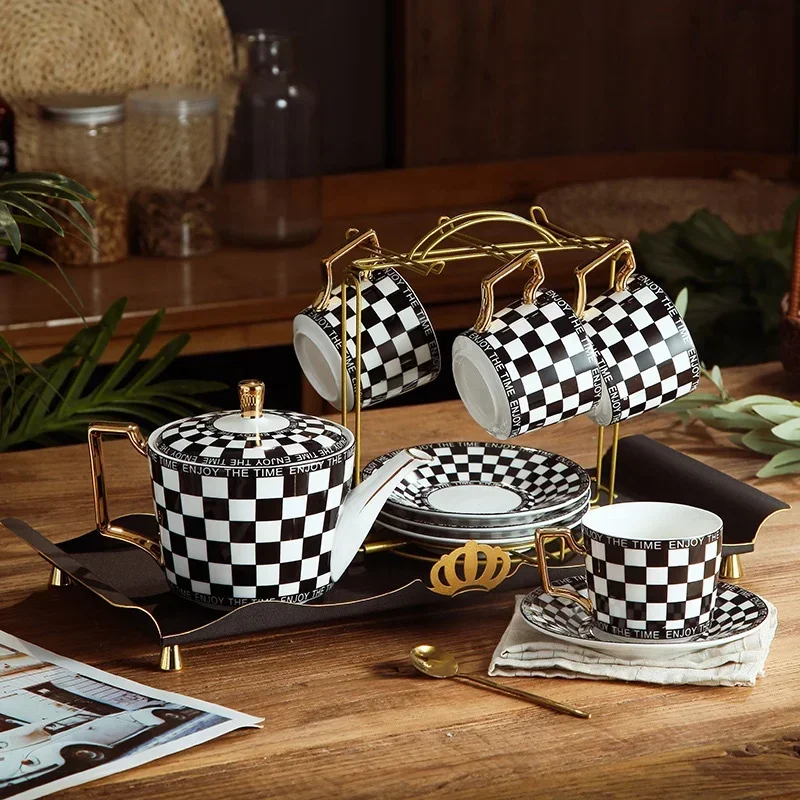 EuropeanLight Luxury High-end Checkerboard Ceramic Coffee Cup British Afternoon Tea Set