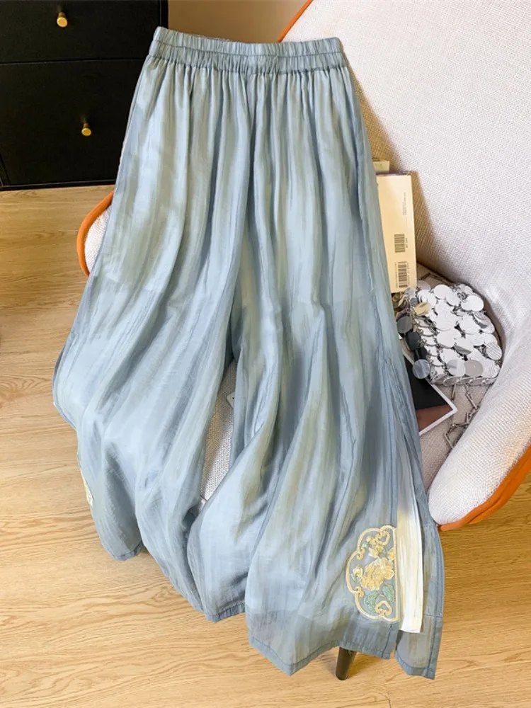 Ele High-Waist Embroidered Double-Layer Lyocell Cotton Linen Wide Leg Pants Women Summer Thin Hanging Fairy Split Nine-Pi...