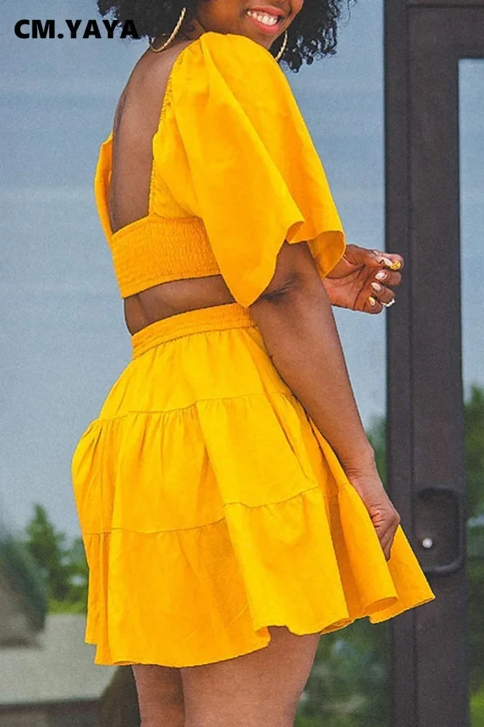 Women Cut Out High Waist Open Back Half Sleeve Big Swing Ruffle Hem Smock Dress 2024 Summer Female Street Yellow Dresses