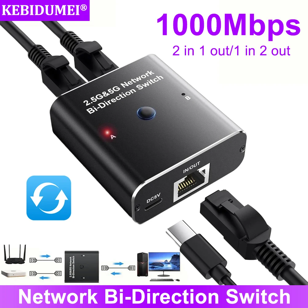 1000Mbps Network Bi-Direction Switch RJ45 Splitter 1 to 2 Ethernet Adapter Network Cable Extender 2.5G 5G Gigabit LAN Connector