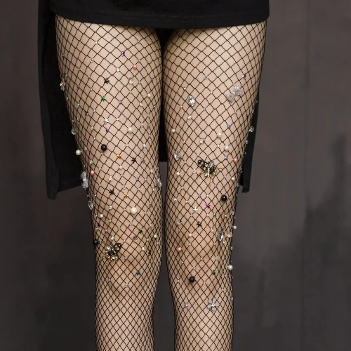 Sexy Sequins, Handmade Embroidered Silk Stockings with Hot Diamonds, Personalized Fishing Net Stockings, Large Mesh Pantyhose