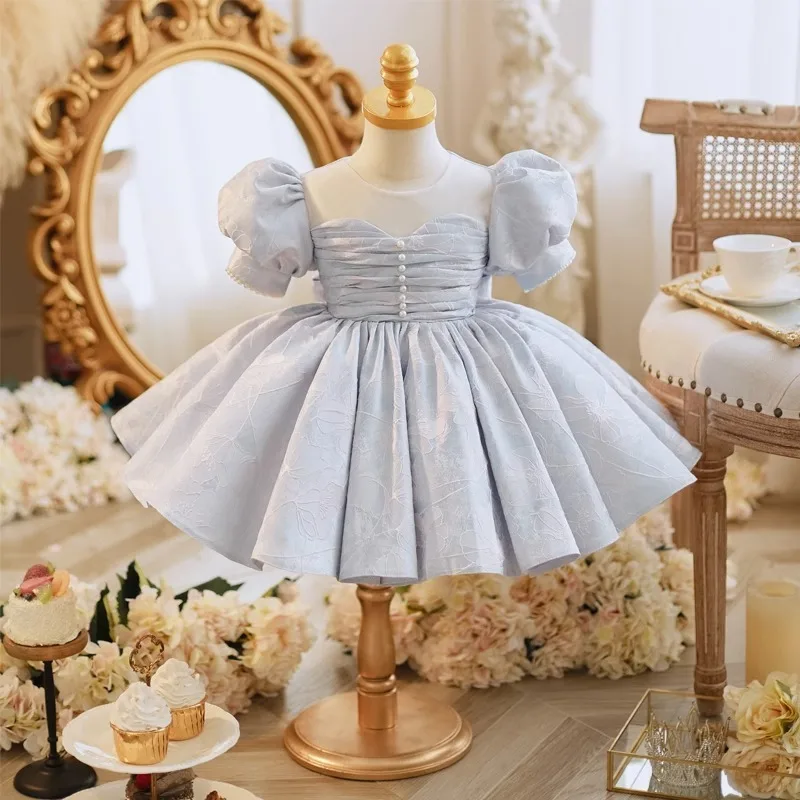 High-end Girl Birthday Dress Flower Girl Princess Gown Tween Girl Wedding Party Tutu Dress Elegant Lace Bow Kids Formal Outfit