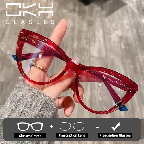 Imagen 2 del producto OKH, gafas ópticas graduadas con forma de ojo de gato para mujer, gafas de lectura antiluz azul, gafas personalizables para miopía e hipermetropía