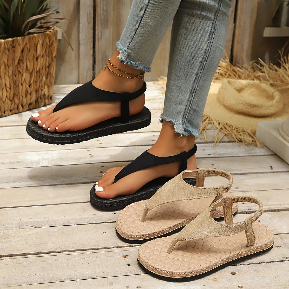 Sandales tongs plates pour femmes, semelle souple, sangle arrière, sandales tongs d'été décontractées pour la plage, sandales pour femmes, grandes tailles