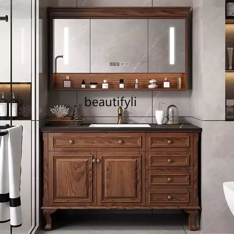 American Red Oak Stone Plate Bathroom Cabinet Bathroom Table Solid Wood Floor Intelligent Double Basin Wash Basin