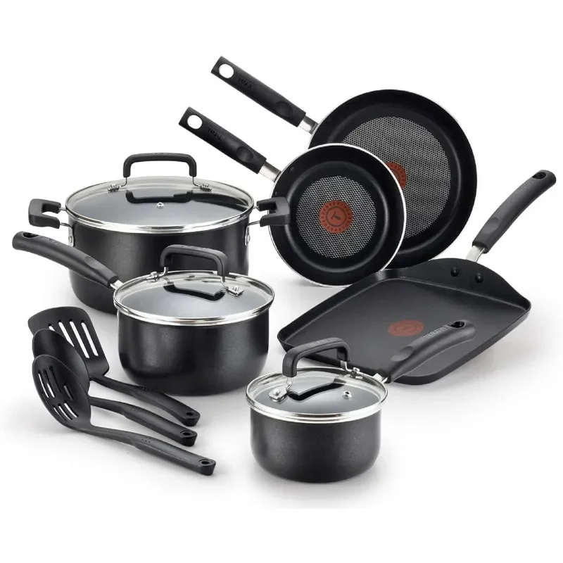 

T-fal Nonstick Cookware Set 12 Piece Oven Safe 350F Pots and Pans, Dishwasher Safe Black