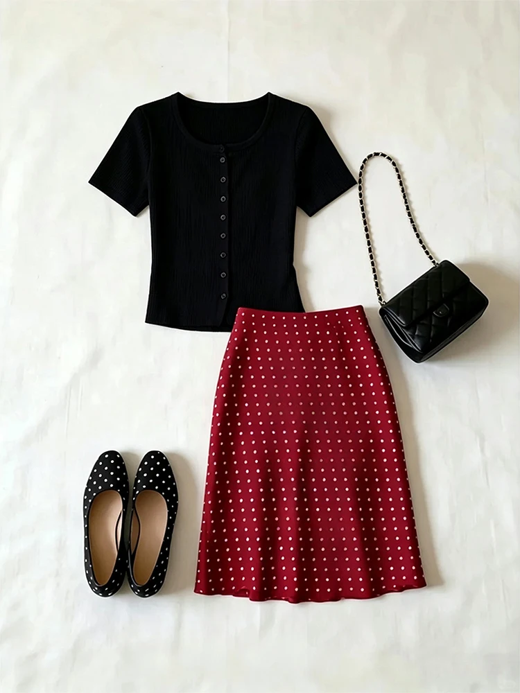 

Summer Red Polka Dot Knitted Short Sleeve Open Cardigan And Short Skirt Two Piece Set Women's Fashion Ensemble High Waist Sho...