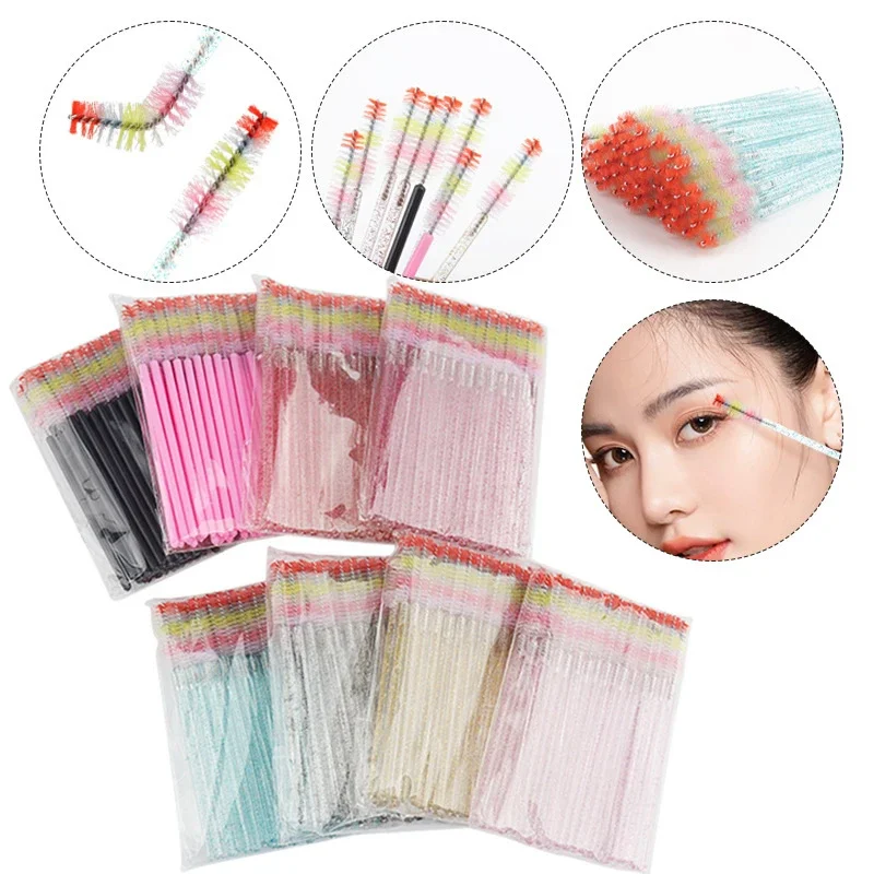 Disposable Colorful Crystal Eyelashes Brush Comb 50Pcs Eye Lashes Extension Mascara Wands Makeup Professional Makeup Beauty Tool