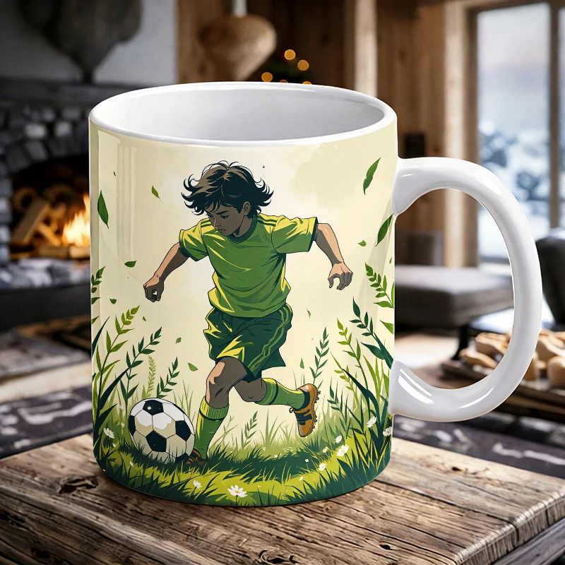 

Football Boy Print Coffee Mug, Soccer Player Sports Ceramic Cup, Creative Outdoor Sport Themed 11oz Water Mug Gift For Football