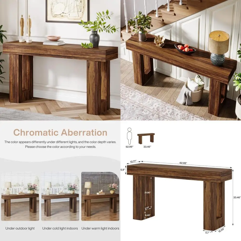 Farmhouse Style Narrow Console Table 63 Long for Sofa Back, Rectangular Wooden Entryway Table for Entrance Area