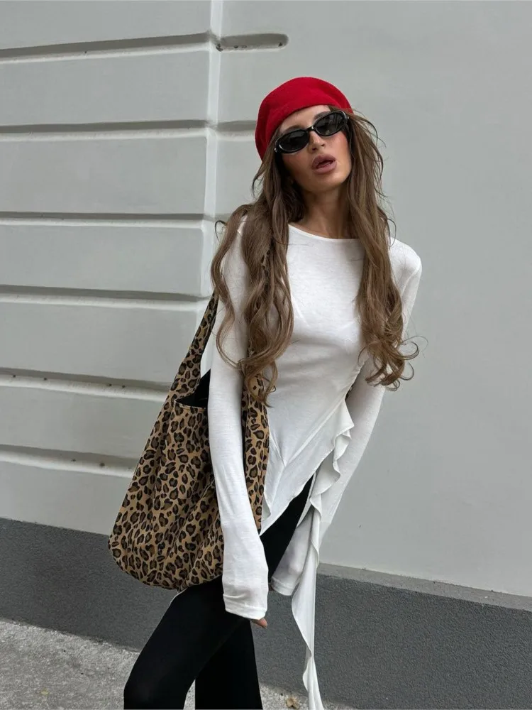 2025 Spring New Solid Color Knitted Top Fashionable Round Neck Long Sleeve Irregular Ruffle Design Slim Fit T-shirt Y2K Hot Girl