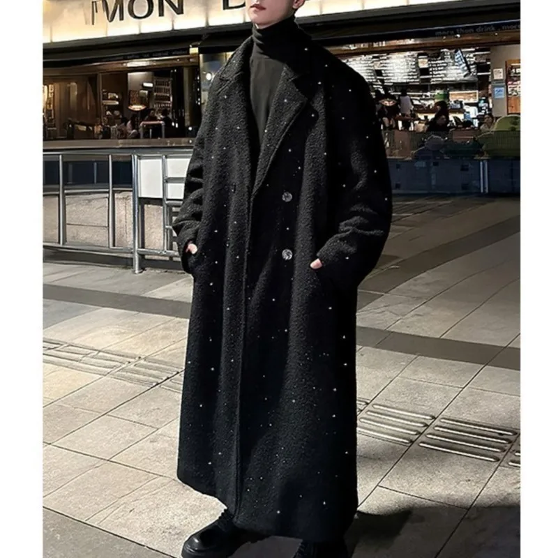 Shiny thick trench coat chic sequin autumn winter men's warm woolen coat casual double breasted long overknee woolen coat