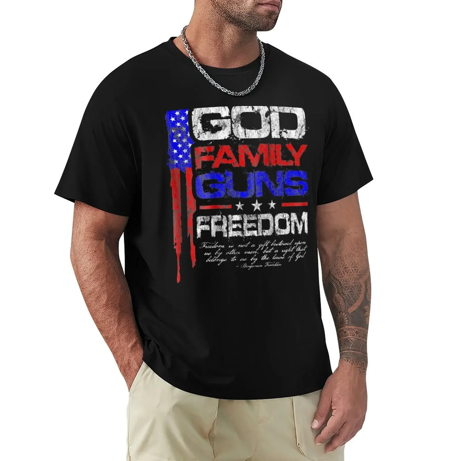 

God, Family, Guns, Freedom Conservative American Flag T-Shirt plus sizes graphics mens t shirts