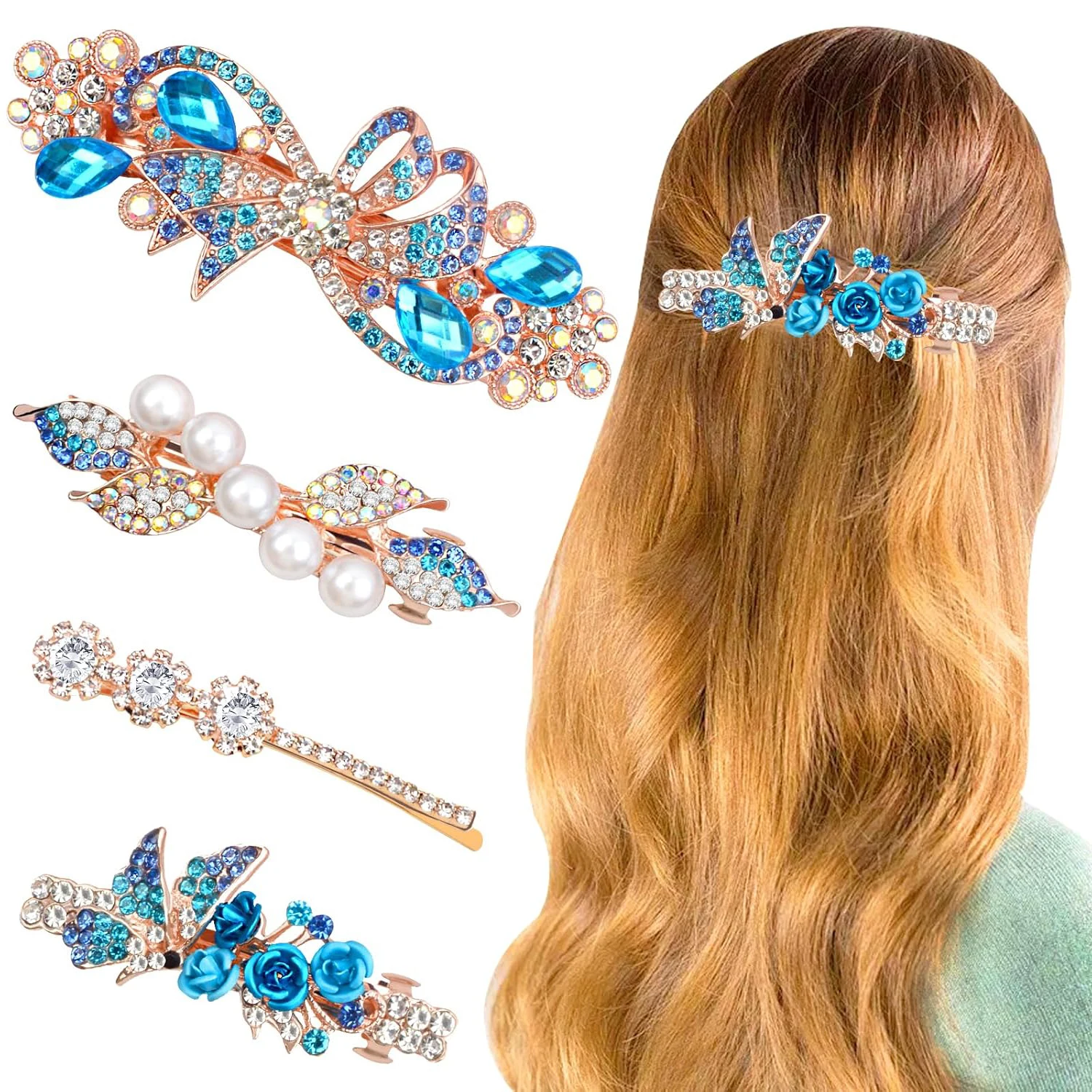 

Набор из 4 заколок для волос для женщин: жемчужные, с цветами, бабочками, бантиками, кристаллами, французские заколки-автоматы, заколки-шпильки с бриллиантами