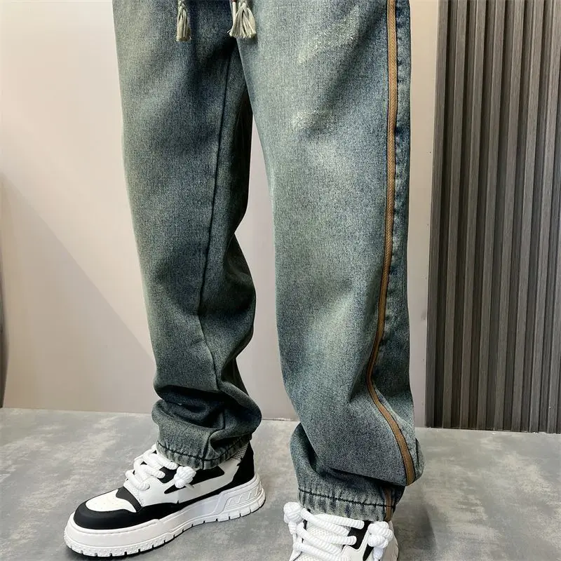 Washed Old Retro Blue Jeans Men's Autumn and Winter 2026 Velvet High Street Loose Straight Casual Pants Spliced Wide-leg Pants