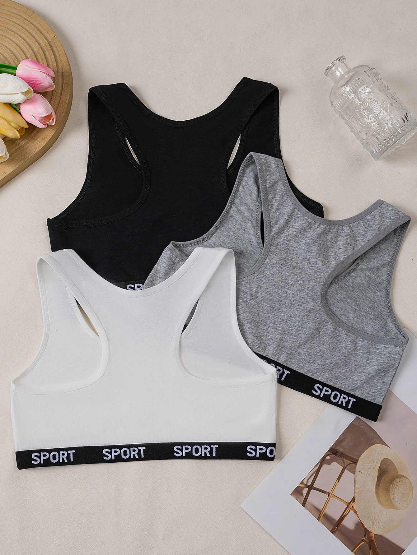 3 pcs girls' underwear, girls' training underwear, contrast-colored underband, I-back design, removable bra pads, elastic under