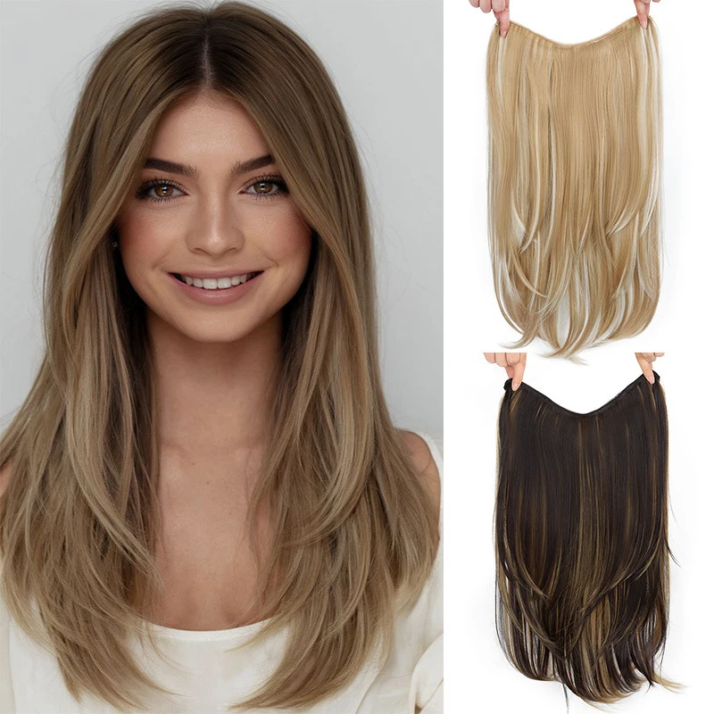 Women's U-shaped inward-curled layered curly hairpiece, one-piece invisible seamless long straight hair extension, realisti