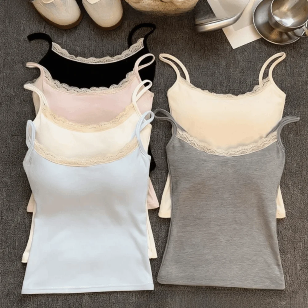 Fashion Elastic Camis Tank Tops with Chest Pad Versatile Lace Tops Integrated Top Slim Vest Cute Women Clothes