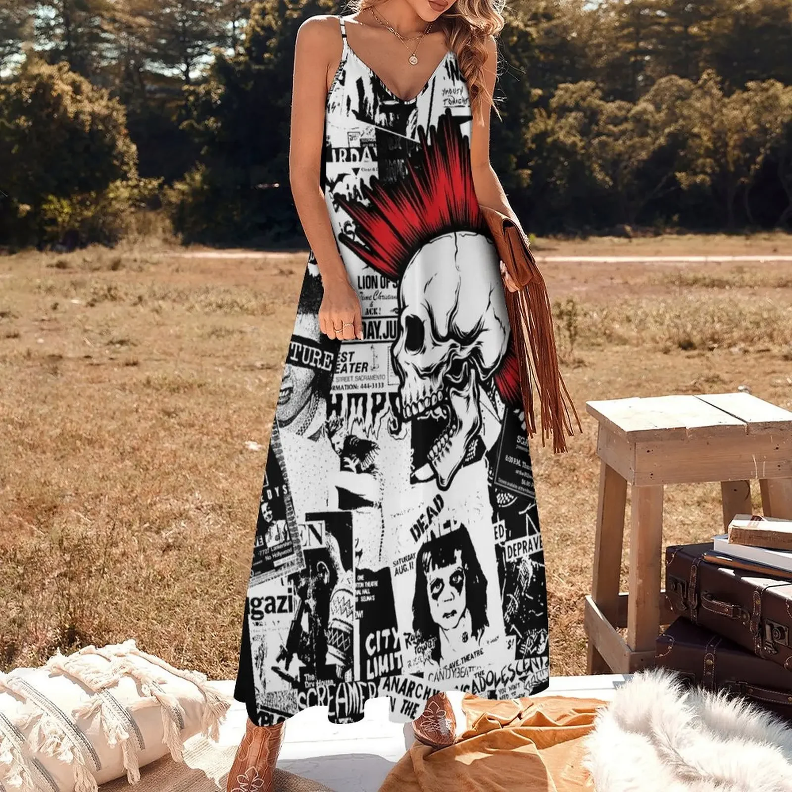 Punk Flyers Collage Punkrock Skull with Red Mohawk Sleeveless Dress summer dresses womens 2024 women formal occasion dresses