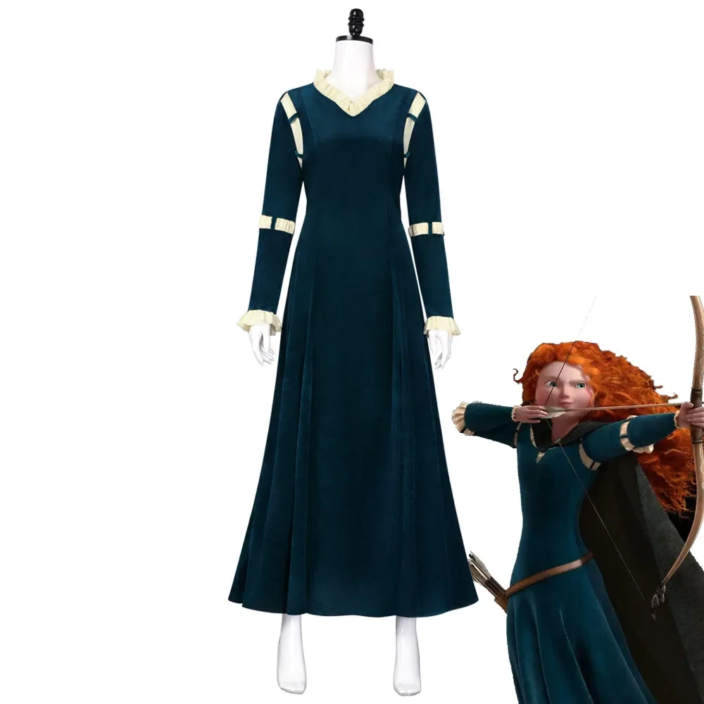 Brave Princess Merida Long Sleeve Dress Cosplay Costume Halloween Masquerade Carnival Dress Up Party Outfits for Women