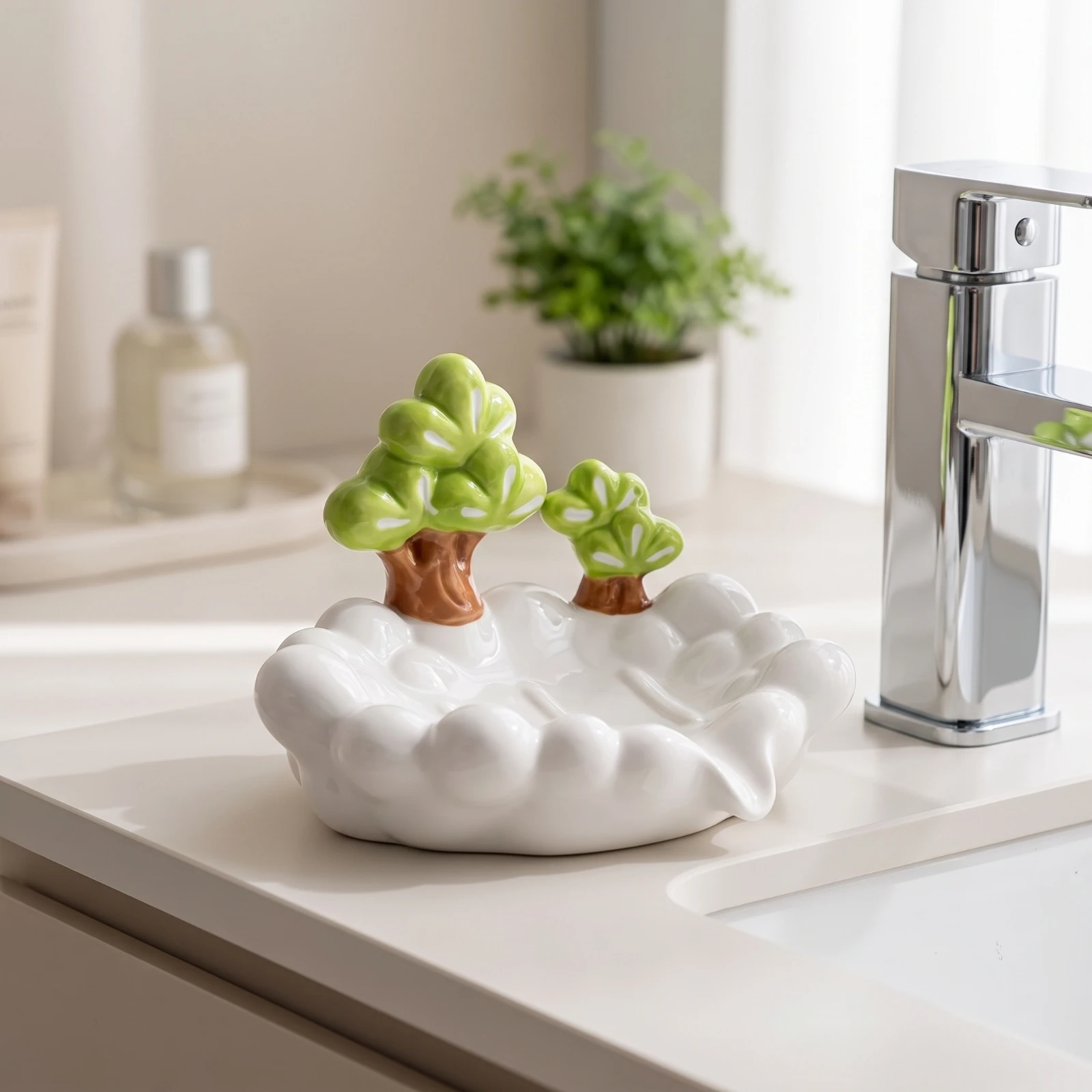 Ceramic Soap Dish Glossy Soap Dish with Spout Hygienic Compact for Bathroom, Washbasin