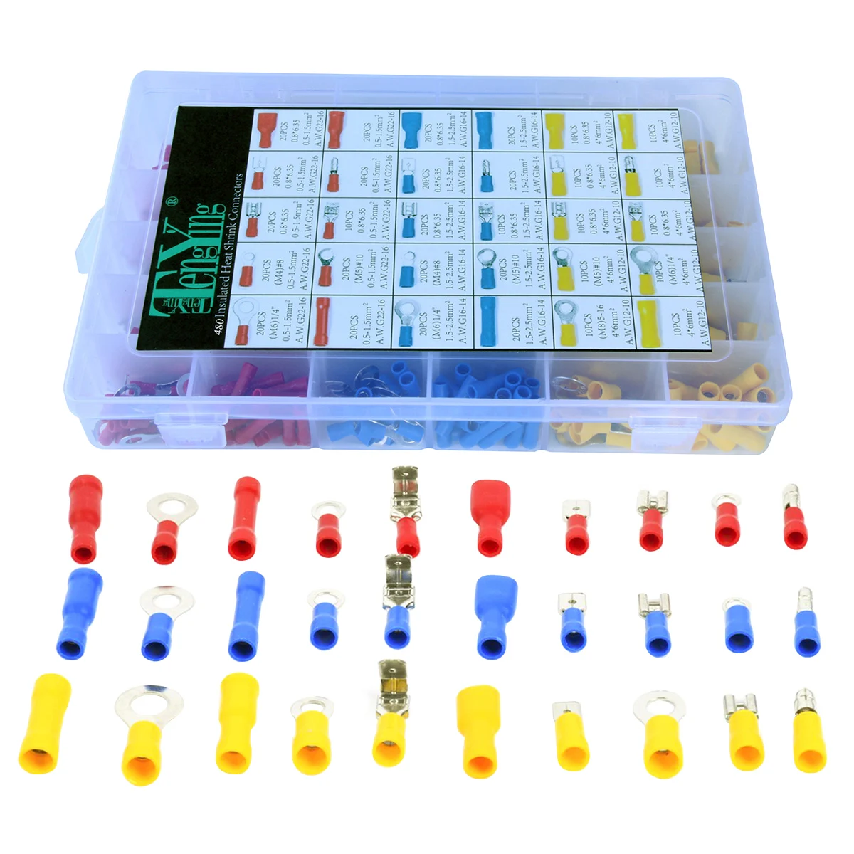 

480pcs Wire Terminals Crimp Connectors Barrel PVC Sheath Spade Ring Automotive Home Use Storage Kit