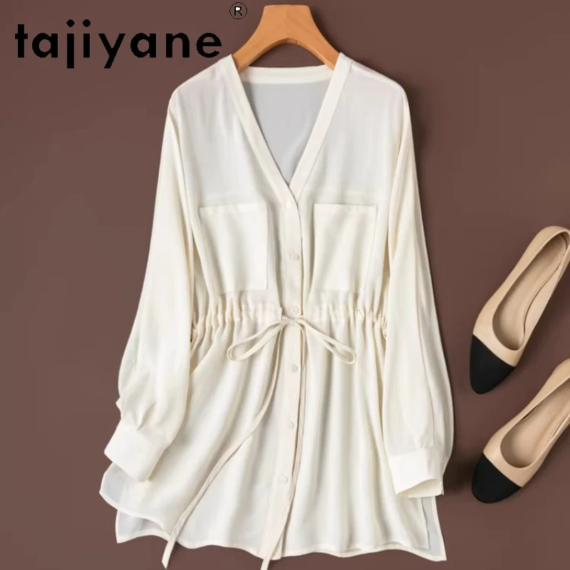 TAJIYANE 100% Natural Mulberry Silk Shirt Women Casual V-neck Blouse Spring Long Sleeve Tops for Woman Clothes 2026 рубашка