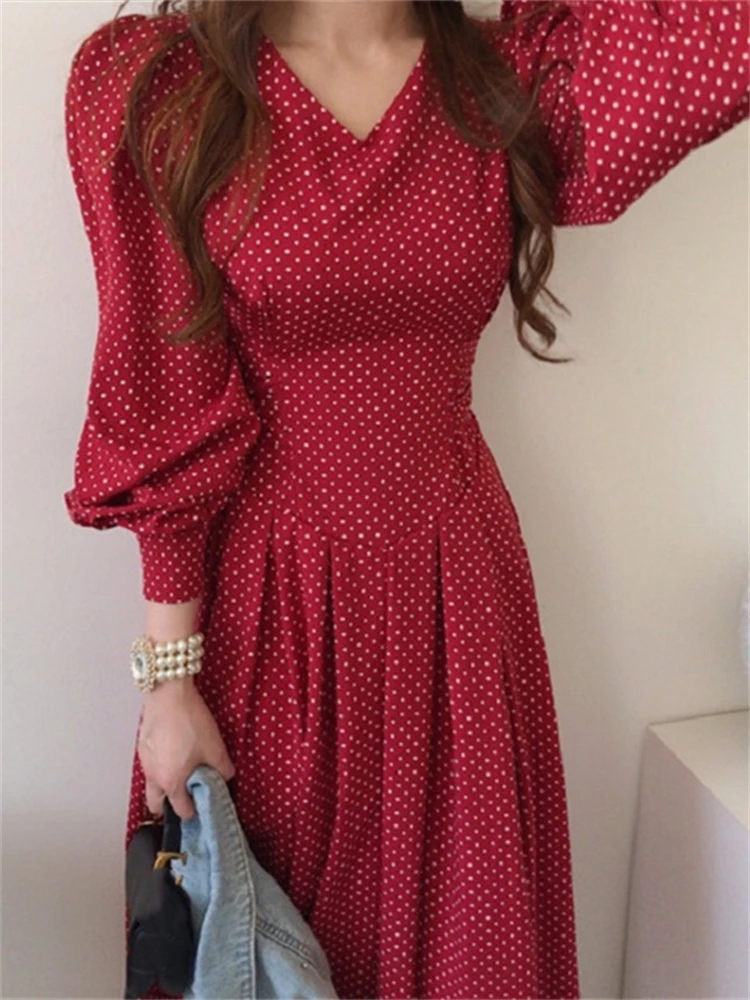 Spring Women Fashion French Vintage Long Dress 2024 One Piece Ladies Dot Print Vestdios Femme Porm Dresses Autumn