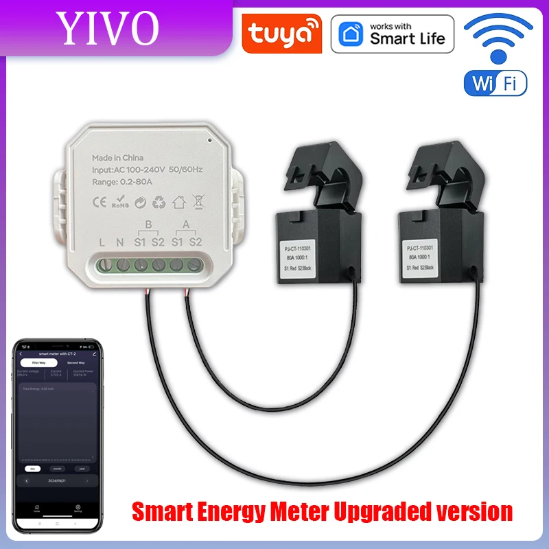 Tuya Smart Wifi Energy Meter 2 Channel with Current Transformer Clamp App Monitor Power 80A 110V/240V 50/60Hz